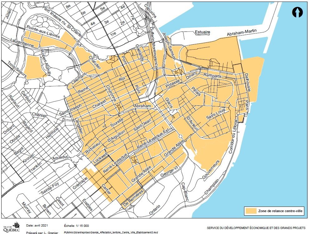 Carte de la zone du centre-ville visée par l'aide de 5M$